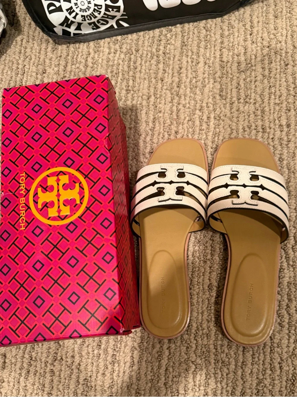Tory Burch Ines Cage Slide Tumbled Leather Sandals 7.5 Light Cream/Ginger